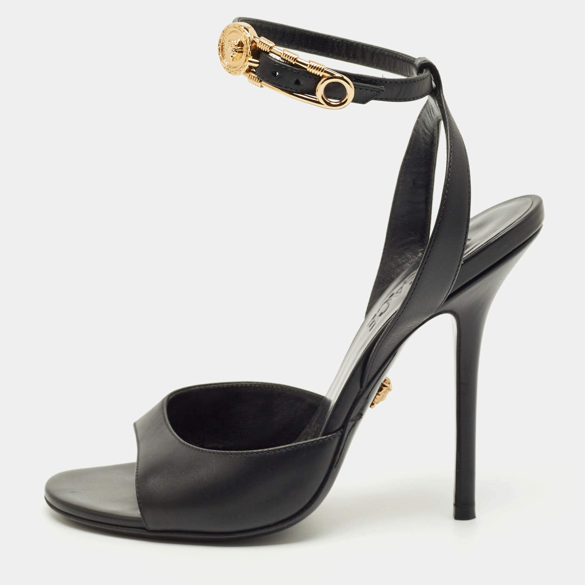 مملوكة مسبقًا Versace Black Leather Safety Pin Ankle Strap Sandals Size 37