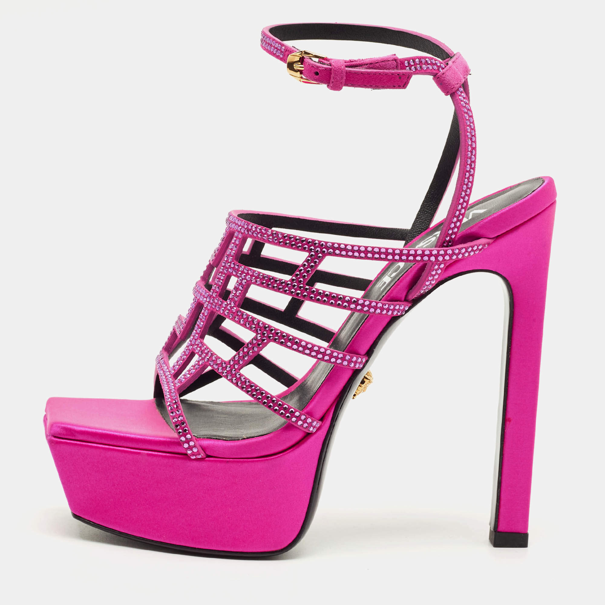 Pre Owned Versace Fuchsia Suede Greca Caged Platform Sandals Size 36