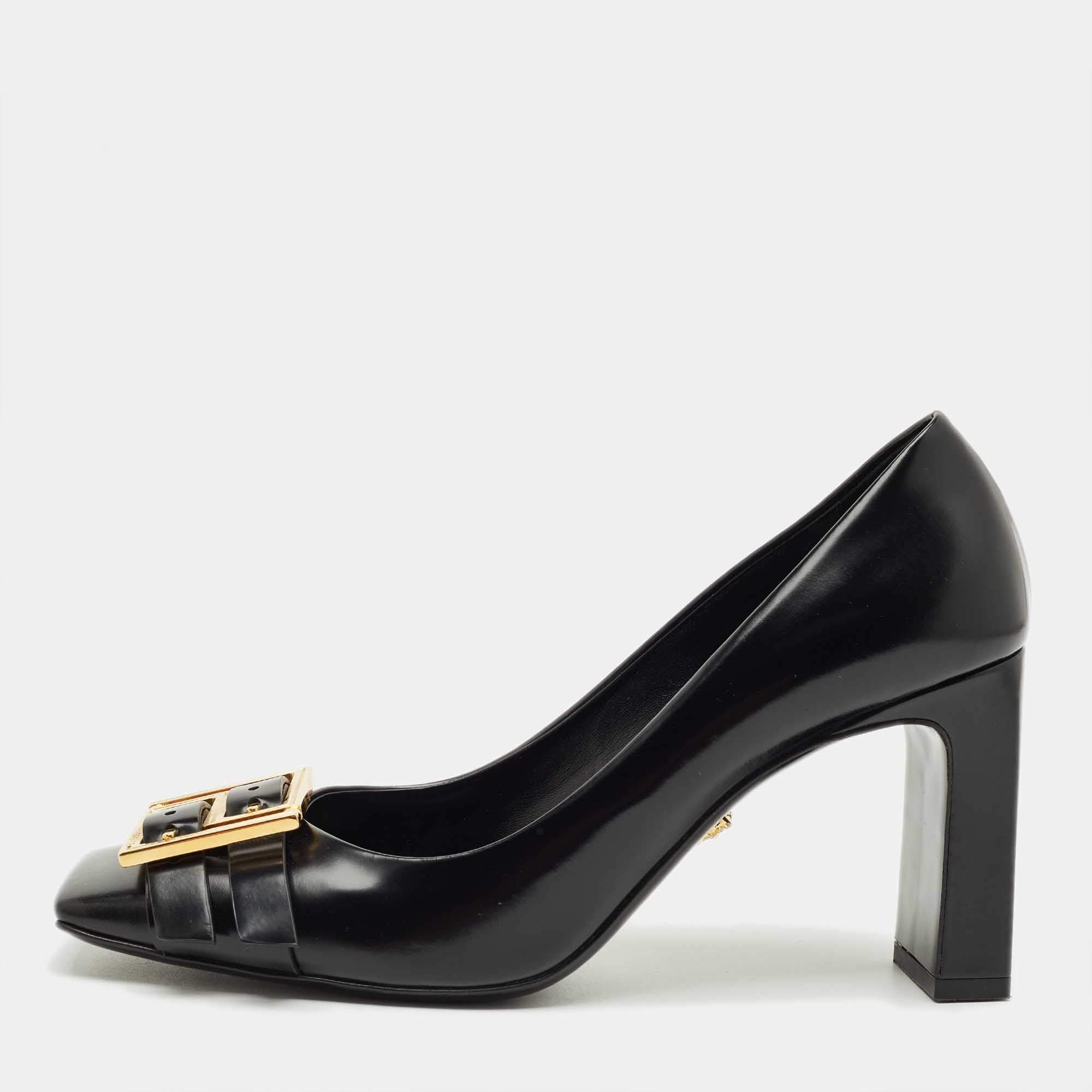 Pre Owned Versace Black Leather Block Heel Pumps Size 38.5