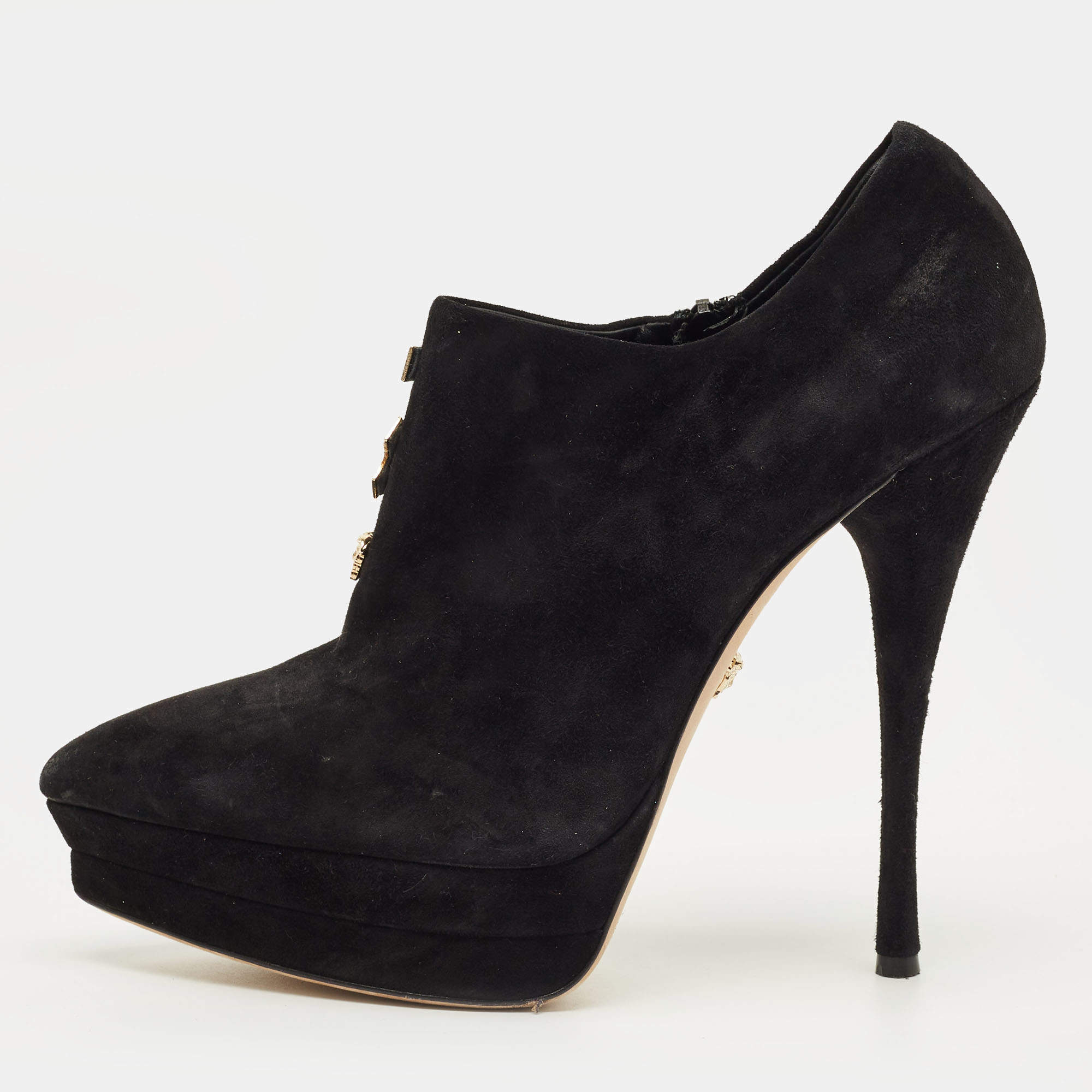 Pre Owned Versace Medusa Size 41 Black Suede Pointed Toe Platform Booties