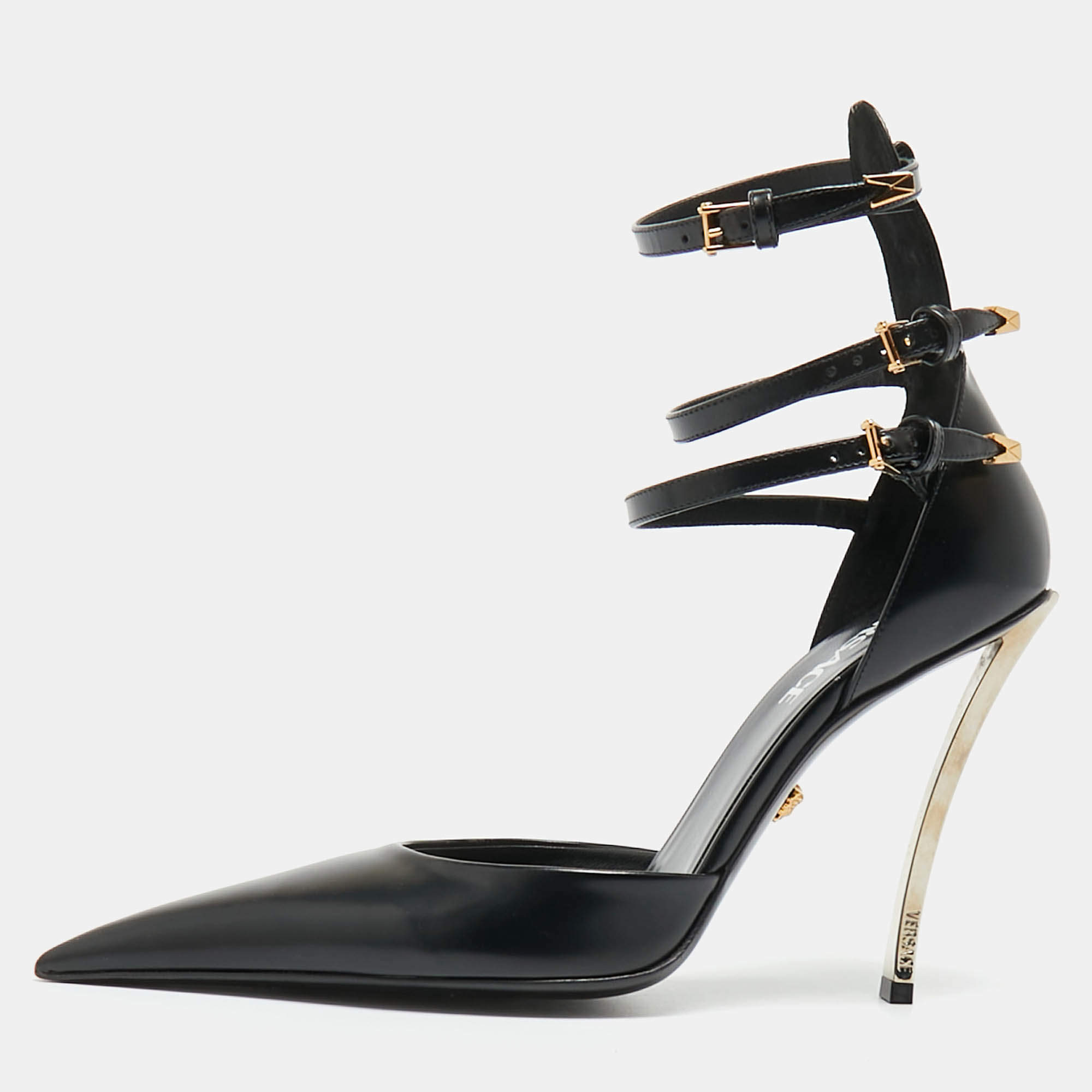 مملوكة مسبقًا Versace Pin-Point Size 39.5 Black Leather Pumps
