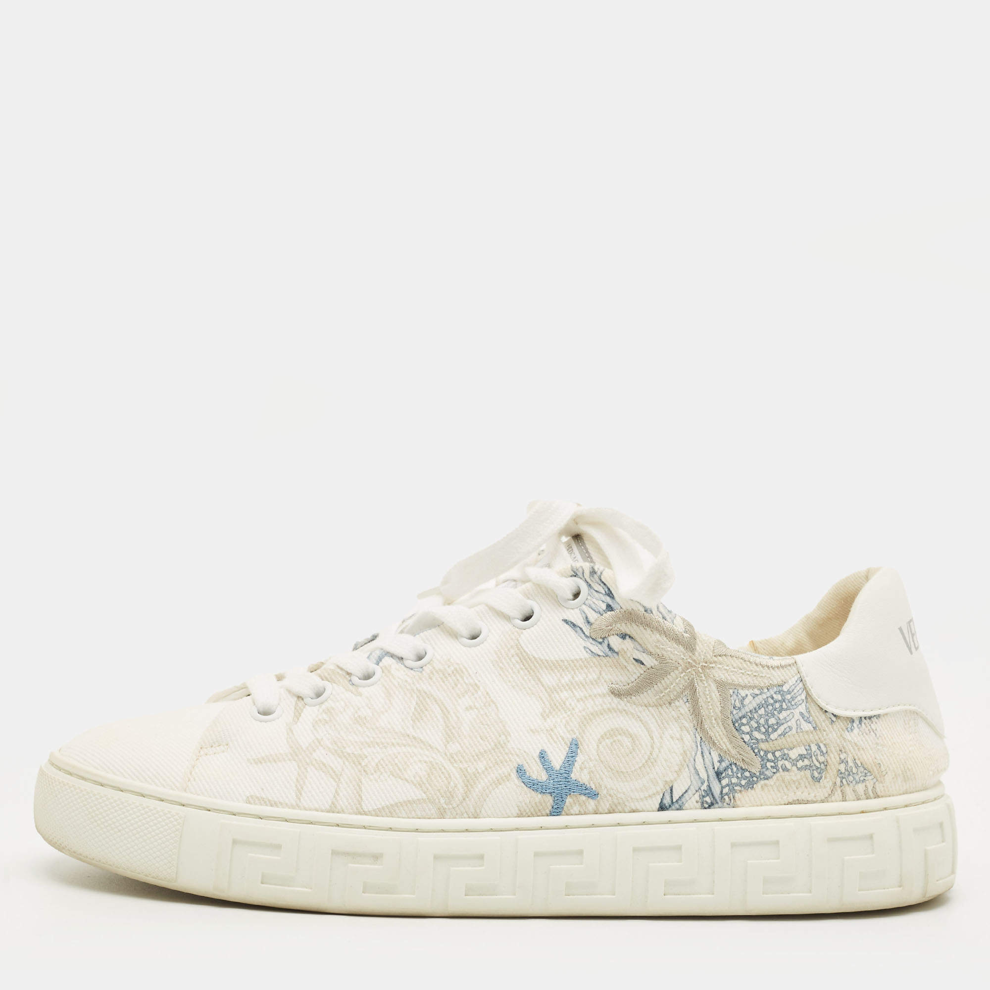 Pre Owned حذاء رياضي فيرساتشي "جريكا" قماش وجلد أبيض أربطة كورال ثييتر مقاس 39