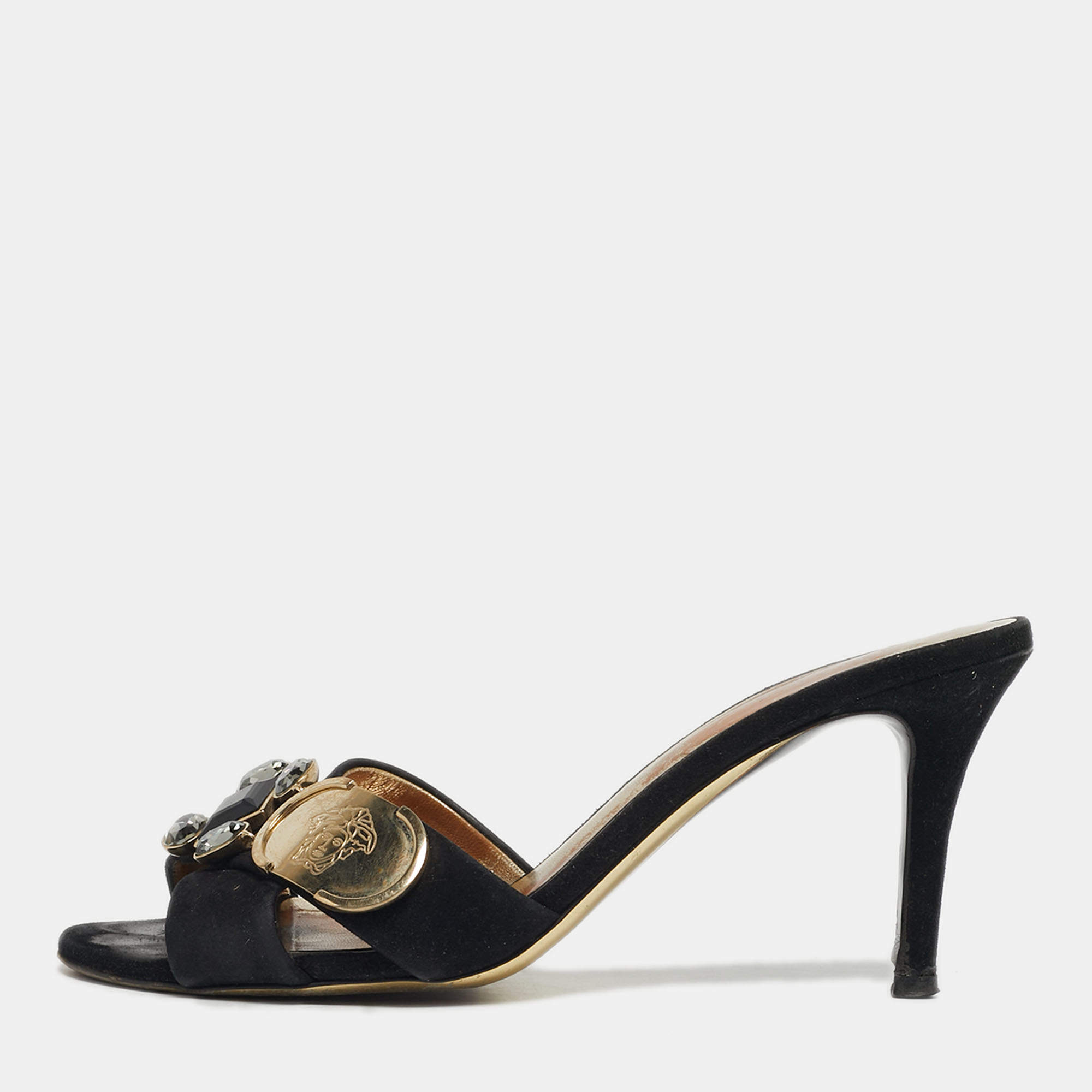 Pre Owned Versace Logo Size 37 Black Suede Crystal Embellished Criss-Cross Slide Sandals