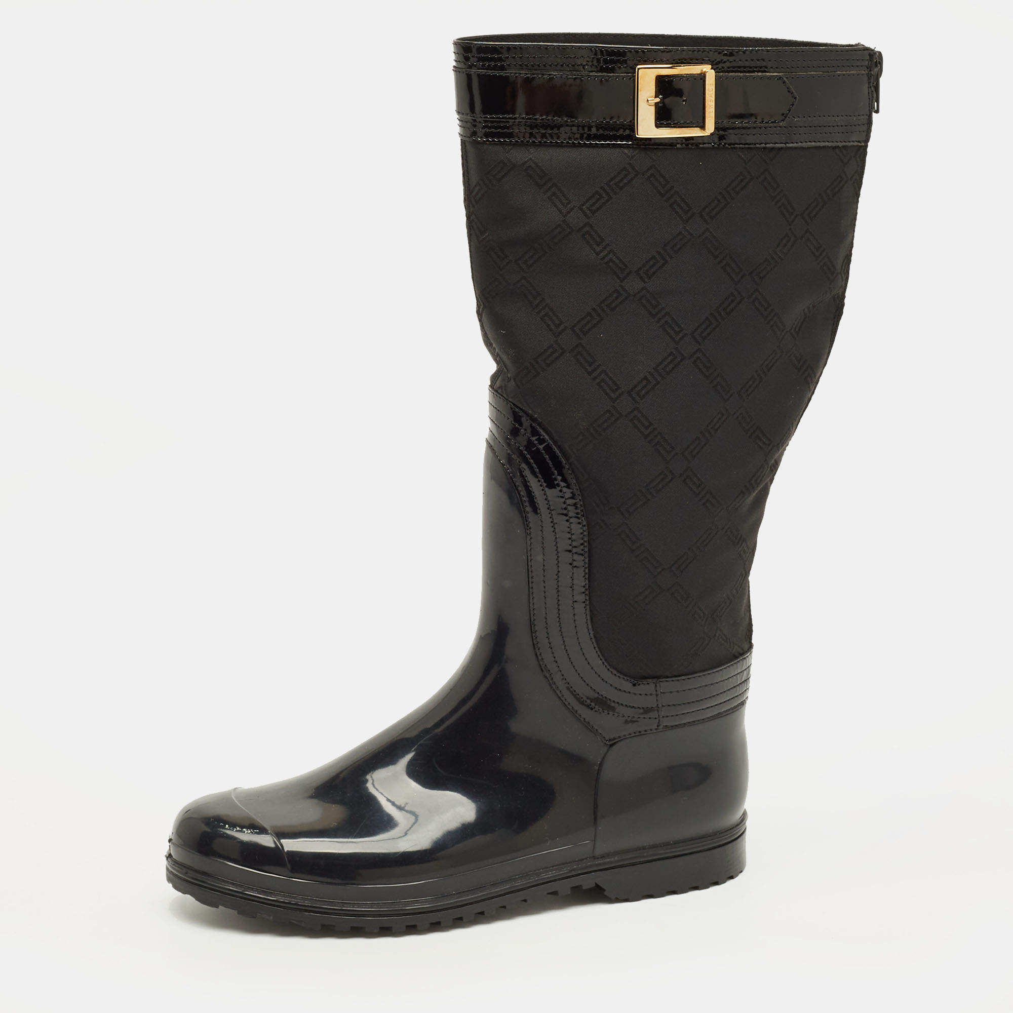 Pre Owned Versace Size 38 Black Nylon and PVC Rain Boots