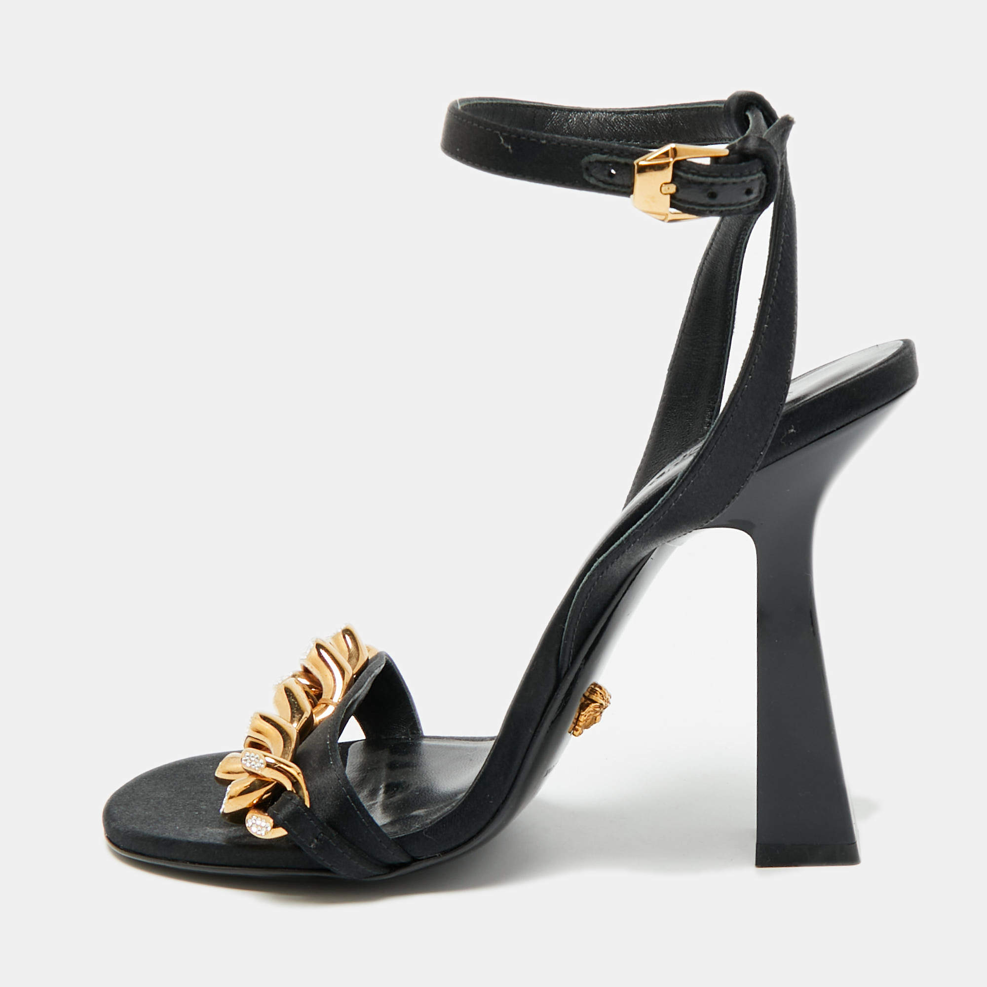 Pre Owned Versace Medusa Size 38 Black Satin Ankle Strap Sandals
