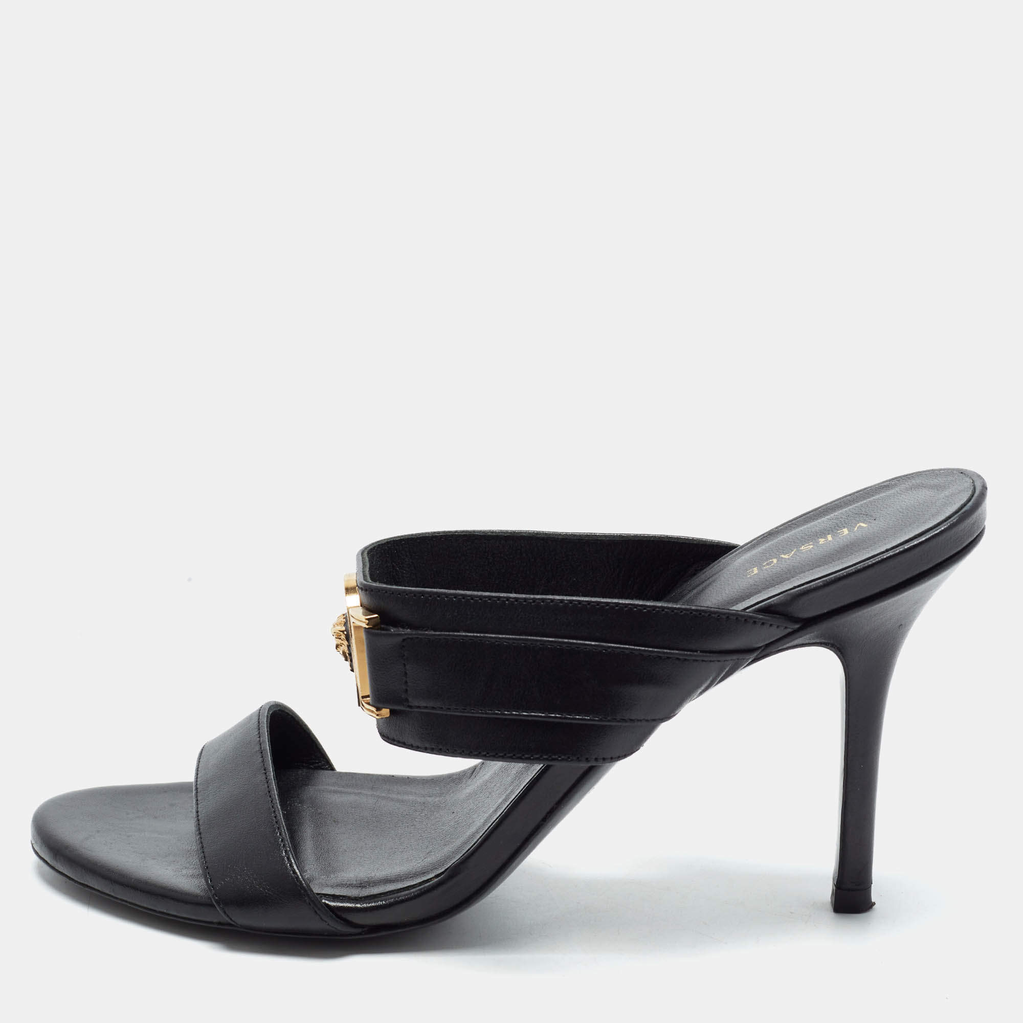 Pre Owned Versace Medusa Size 38 Black Leather Slide Sandals