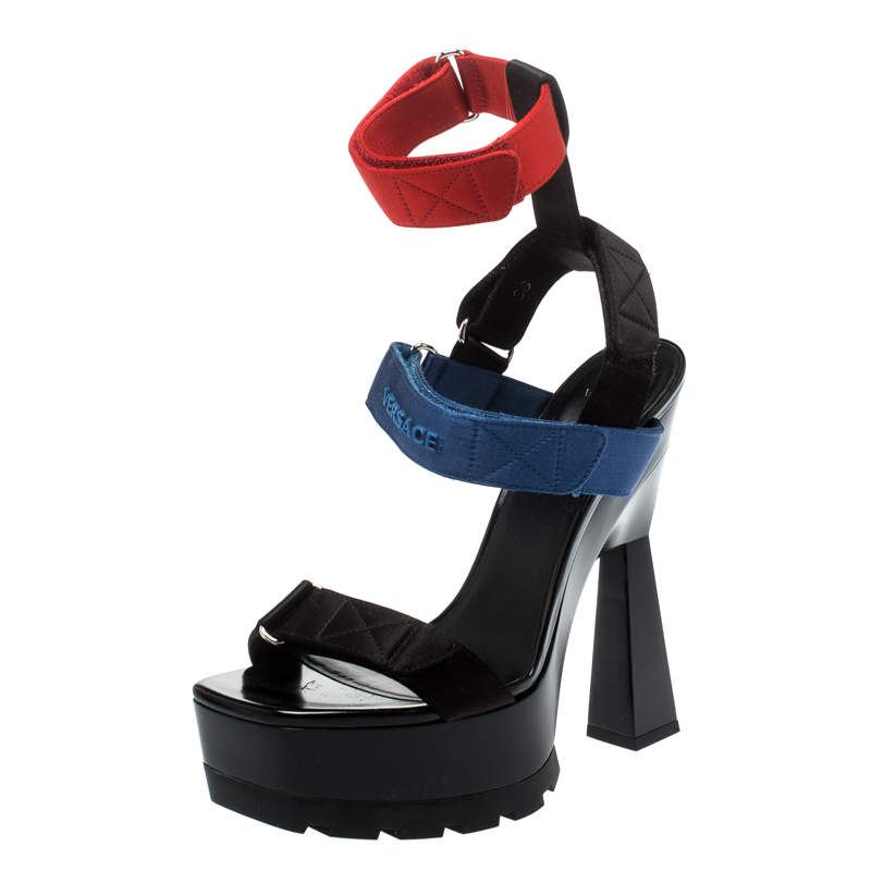 Versace Multicolor Satin Band Velcro Strap Platform Sandals Size 38