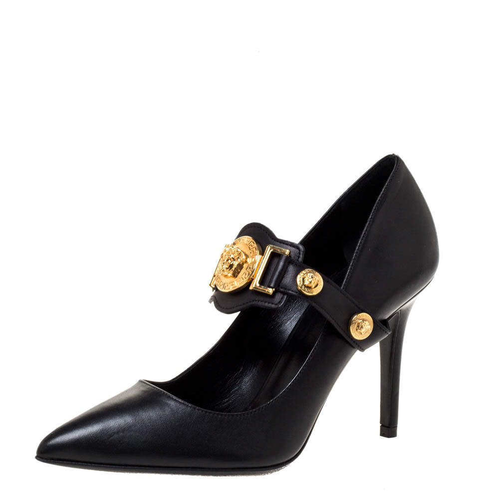 Pre Owned Versace Black Leather Medusa Strap Pointed Toe Pumps Size 36