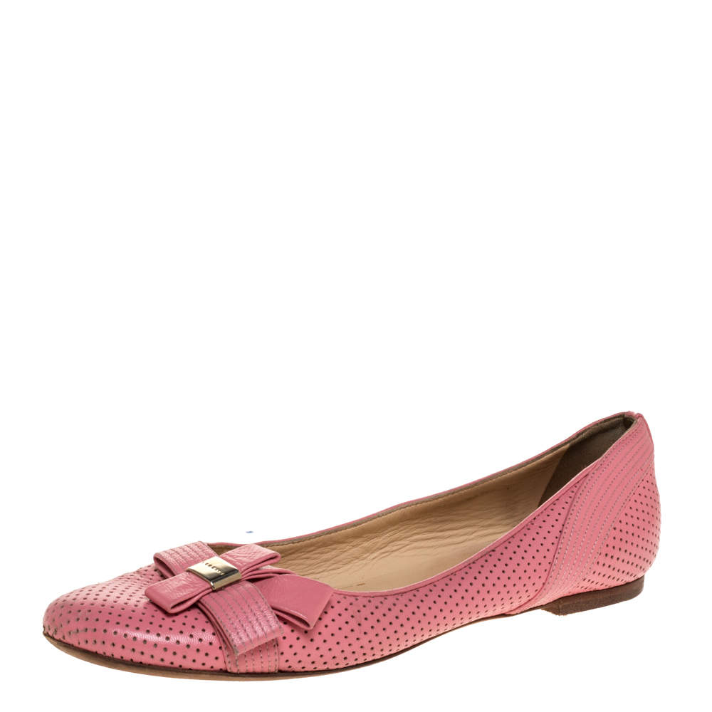 Versace Pink Perforated Leather Bow Embellishment Ballet Flats Size 38