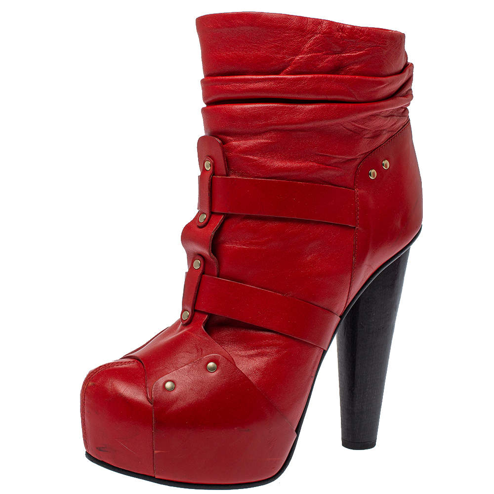 Pre Owned Versace Red  Leather Slip On Ankle Boots Size 39