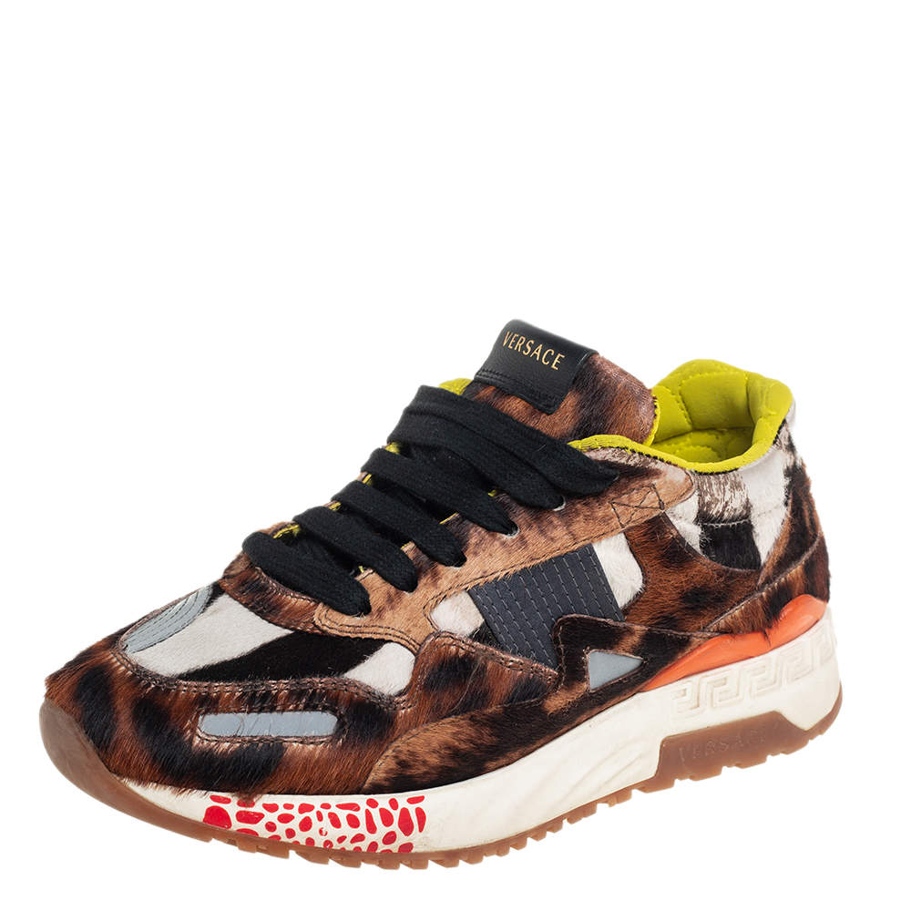 Versace Multicolor Animal Print Fur And Leather Sneakers Size 36
