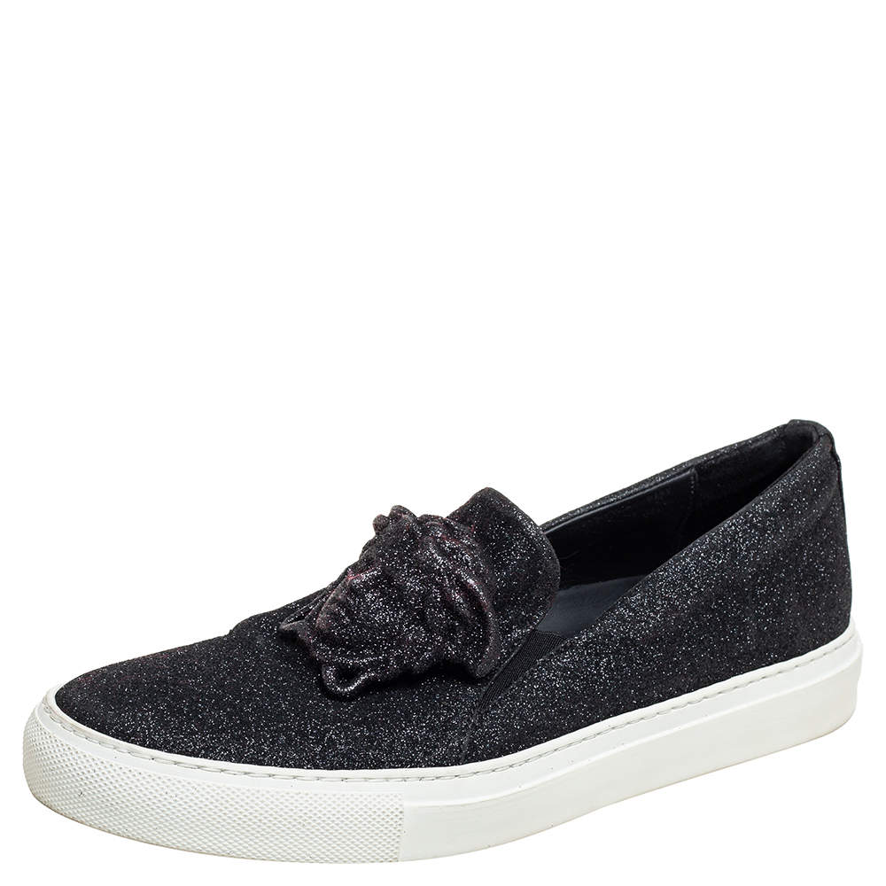 Pre Owned Versace Black Glitter Medusa Slip On Sneakers Size 38