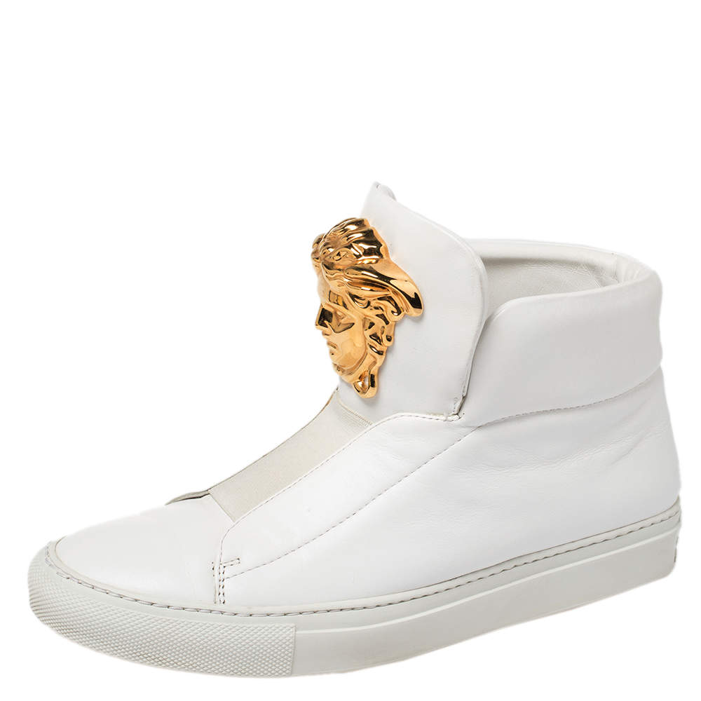 مملوكة مسبقًا Versace White Leather Medusa Slip On High Top Sneakers Size 36
