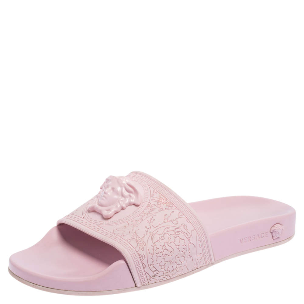 Pre Owned Versace Pink Rubber Medusa Flat Slides Size 39