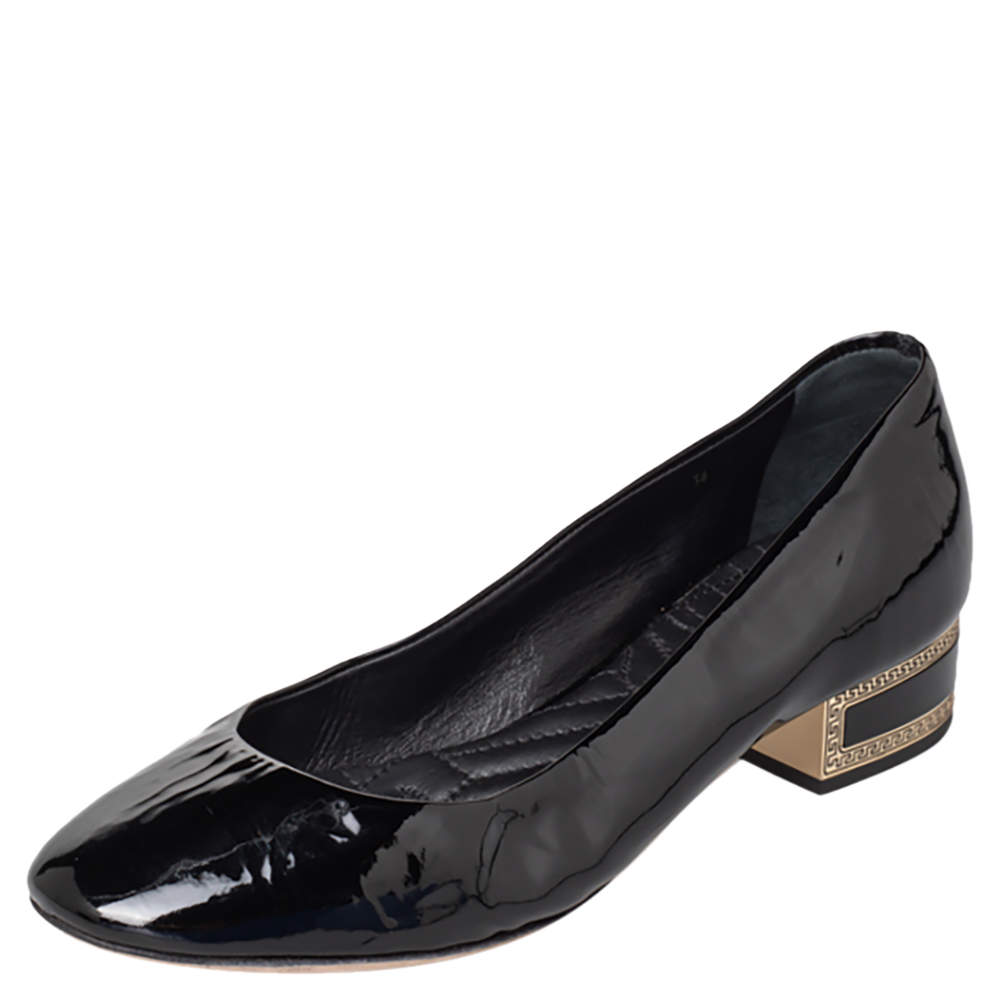 Versace Black Patent Leather Medusa Embellished Block Heel Pumps Size 36