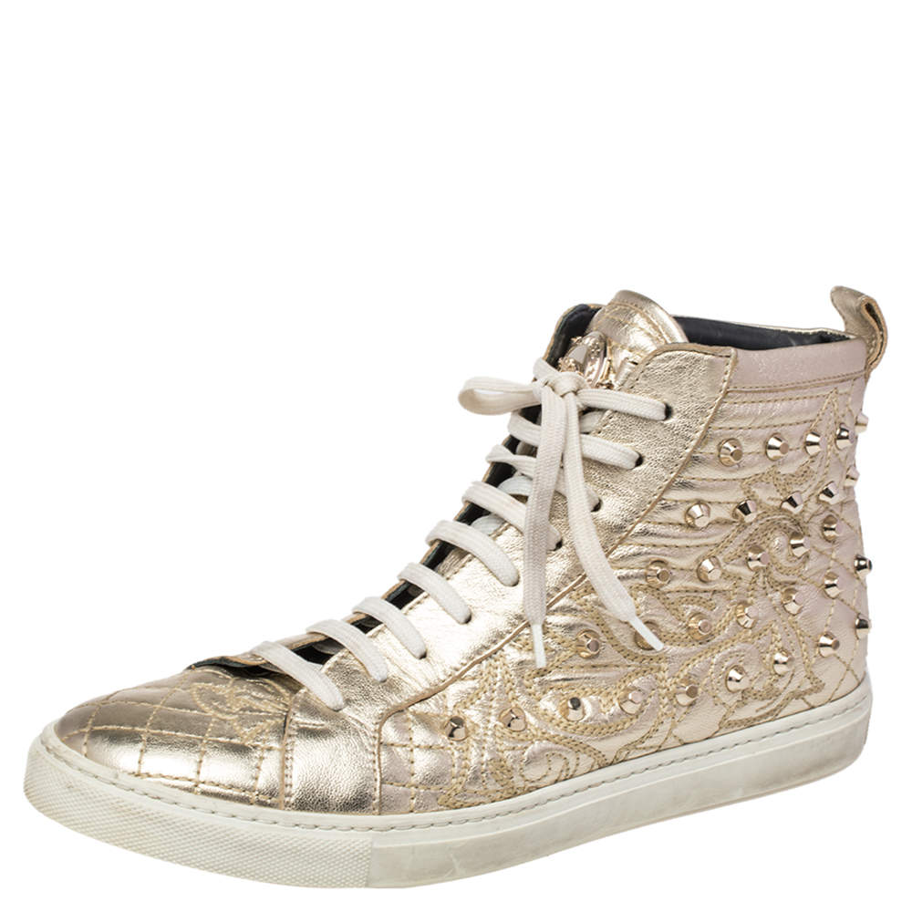 Pre Owned Versace Gold Leather Studded High Top Sneakers Size 39