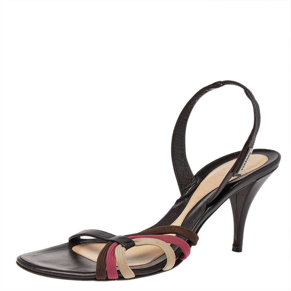 Versace Brown Leather And Fabric Slingback Sandals Size 39