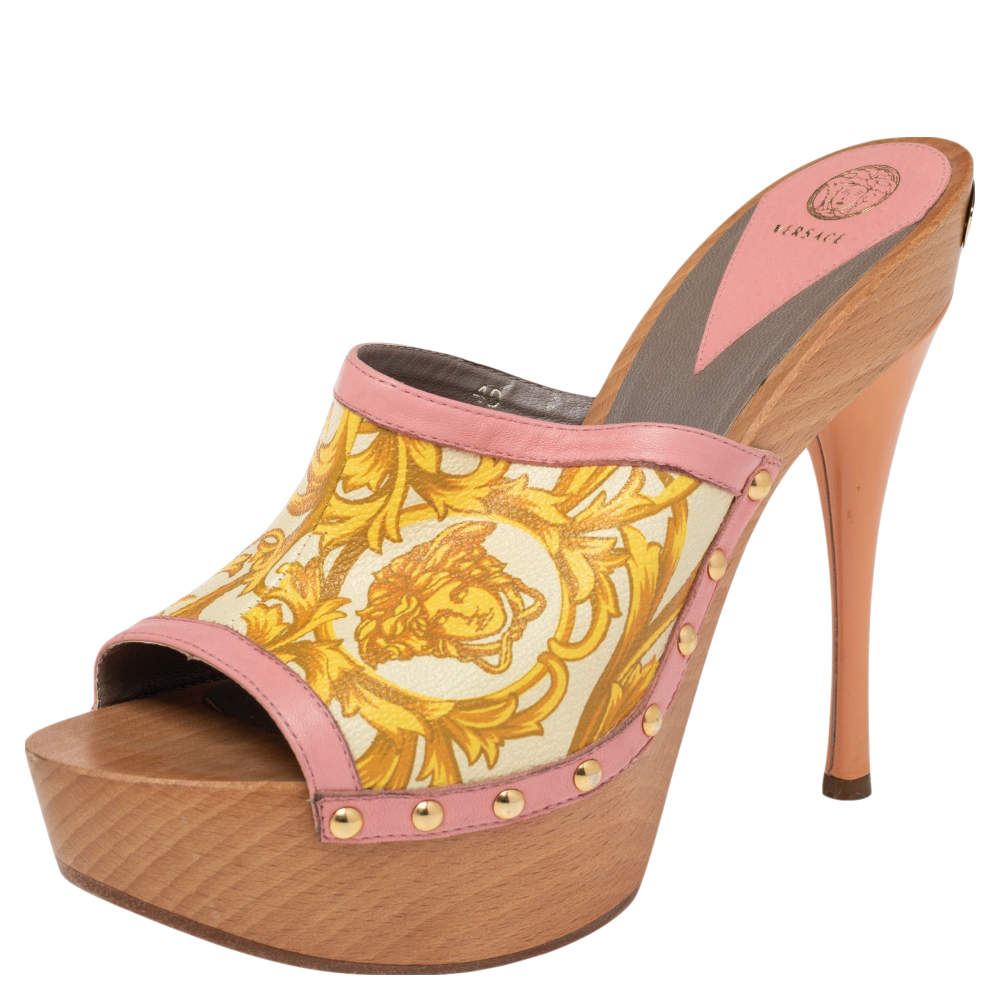 Versace Multicolor Barocco Printed Leather Clog Platform Sandals Size 40