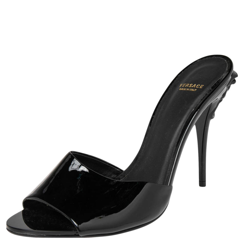 Versace Black Patent Leather Medusa Heel Slide Sandals Size 40 