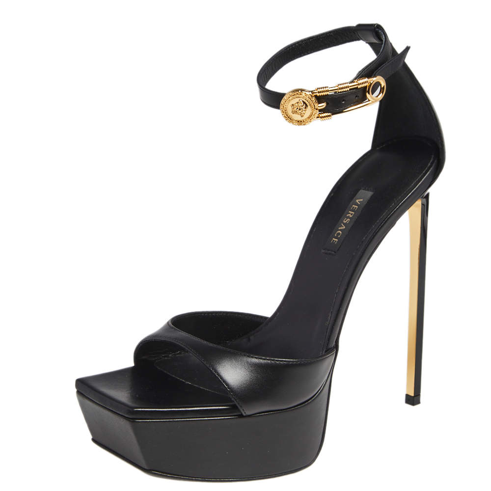 Pre Owned Versace Black Leather Pin Buckle Detail Ankle Strap Platform Sandals Size 38
