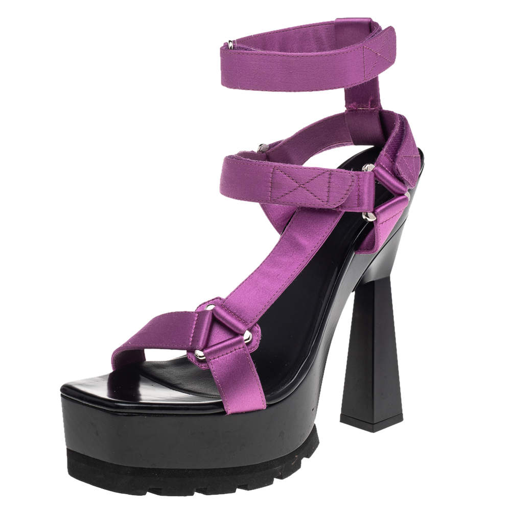 Pre Owned Versace Purple Satin Band Velcro Strap Platform Sandals Size 40