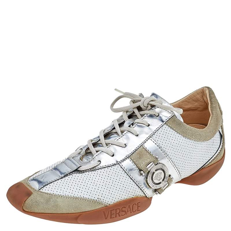 حذاء رياضي فيرساتشي سويدي وجلد متعدد الألوان مزين شعار الماركة منخفض من أعلى مقاس 36