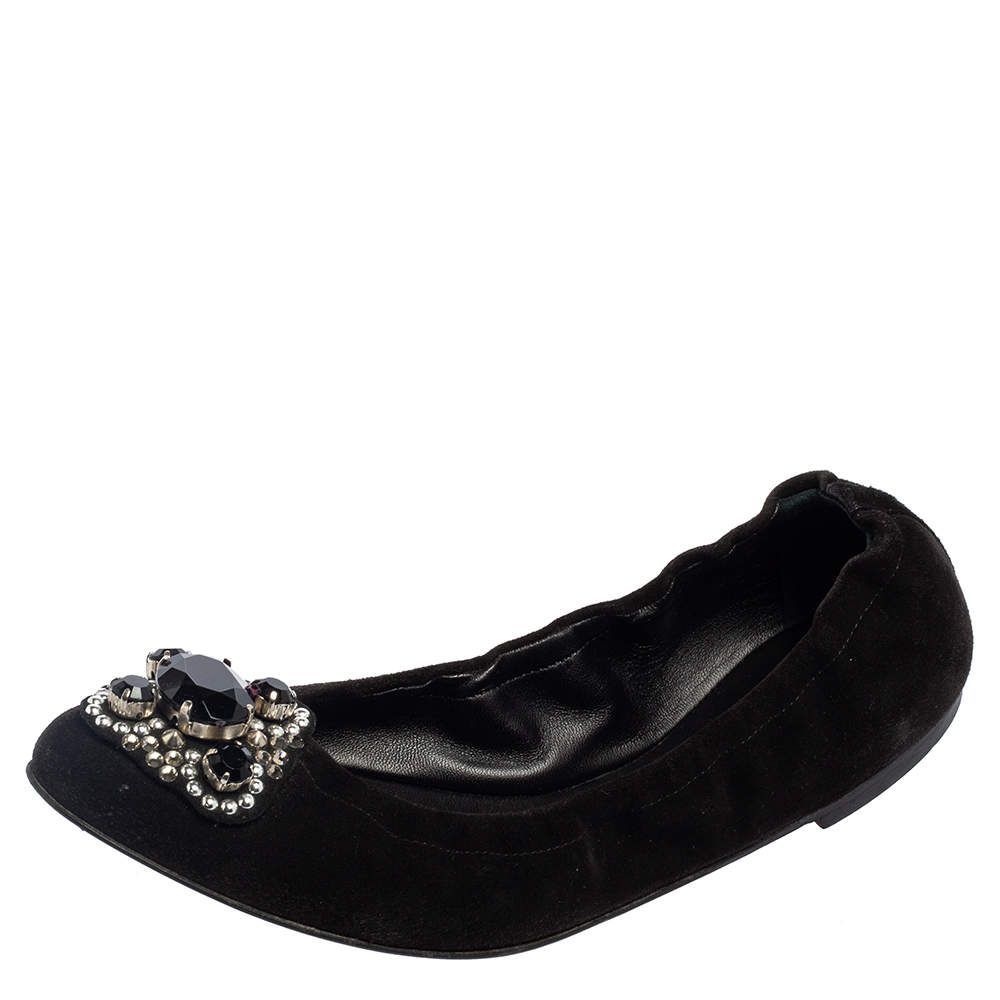 Versace Black Suede Embellished Scrunch Ballet Flats Size 39
