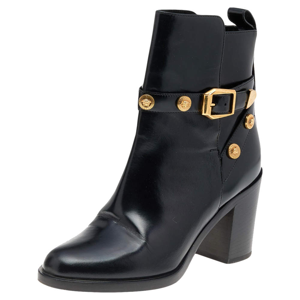 Pre Owned Versace Black Leather Medusa Ankle Length Boots Size 37