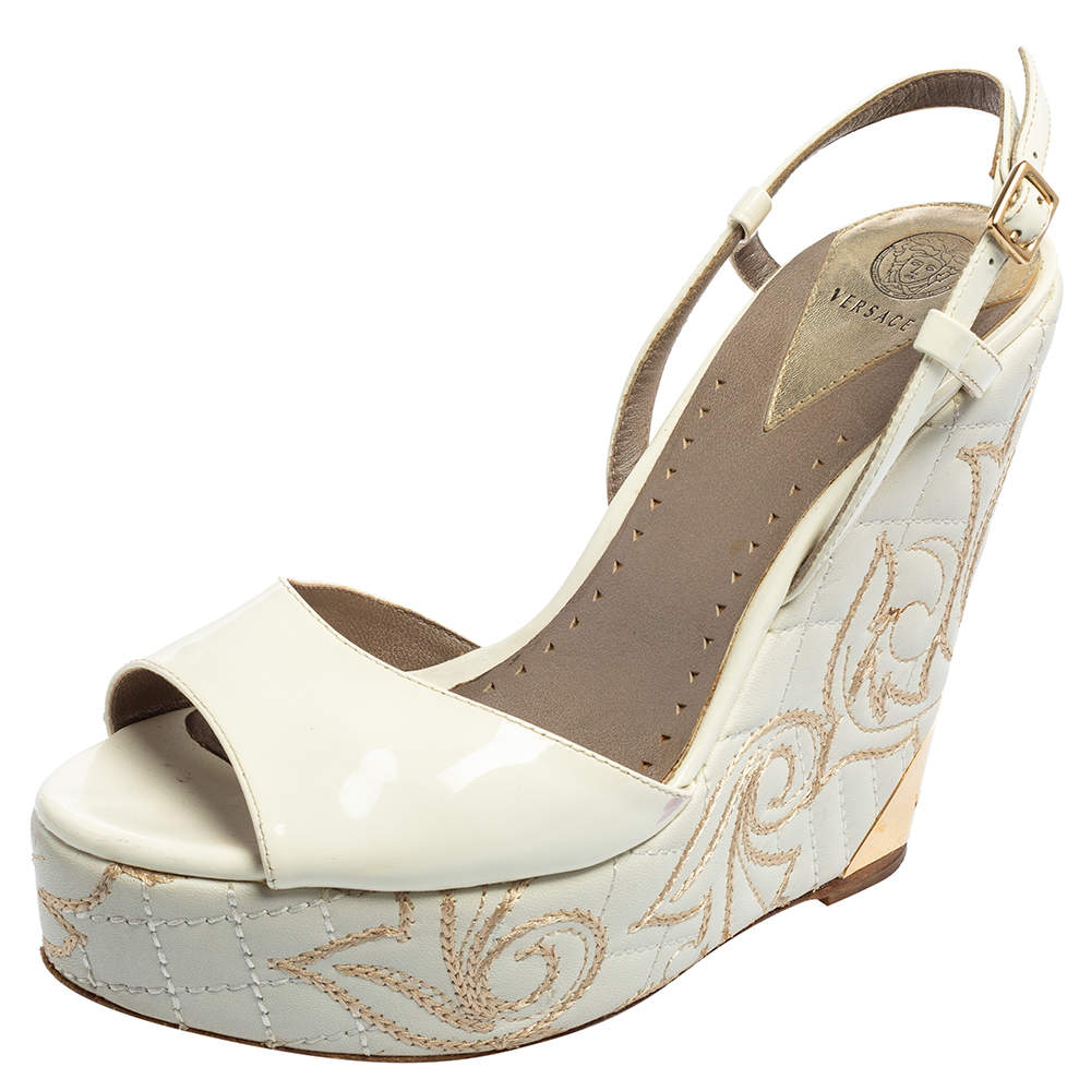 Versace White Patent Leather Quilted Wedge Platform Sandals Size 38