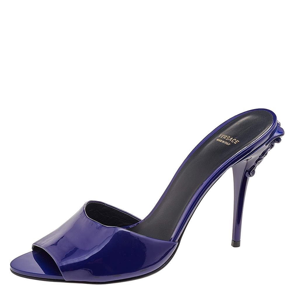 Pre Owned Versace Blue Patent Leather Medusa Heels Mule Sandals Size 40