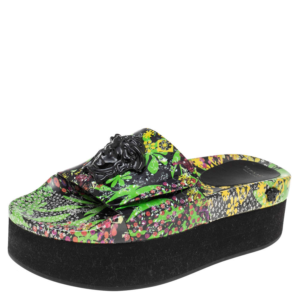 Versace Multicolor Flower Print Patent Leather Medusa Slide Sandals Size 39