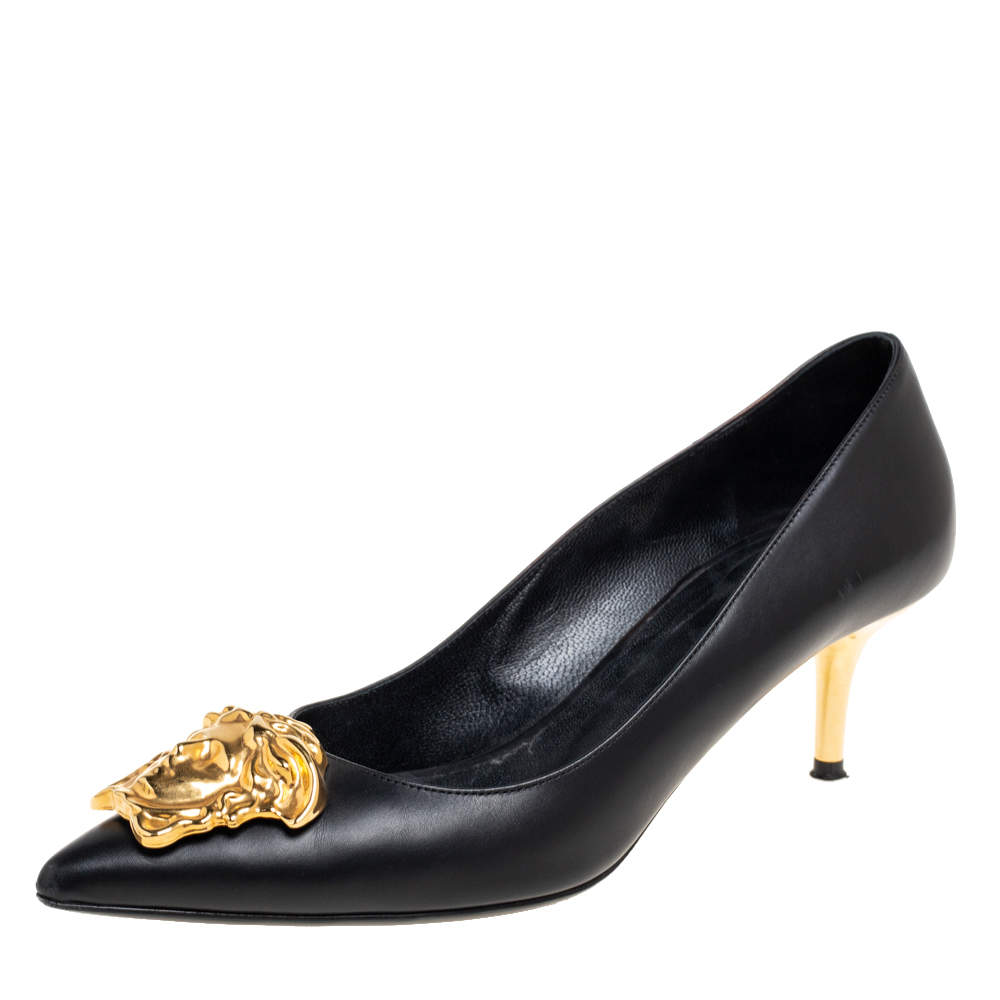 Pre Owned Versace Black Leather Medusa Head Pointed-Toe Pumps Size 38