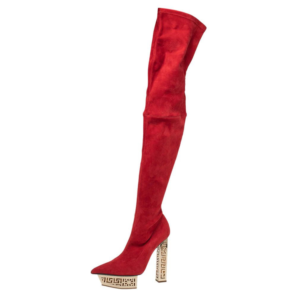 Pre Owned Versace Red Suede Platform Over The Knee Boots Size 39