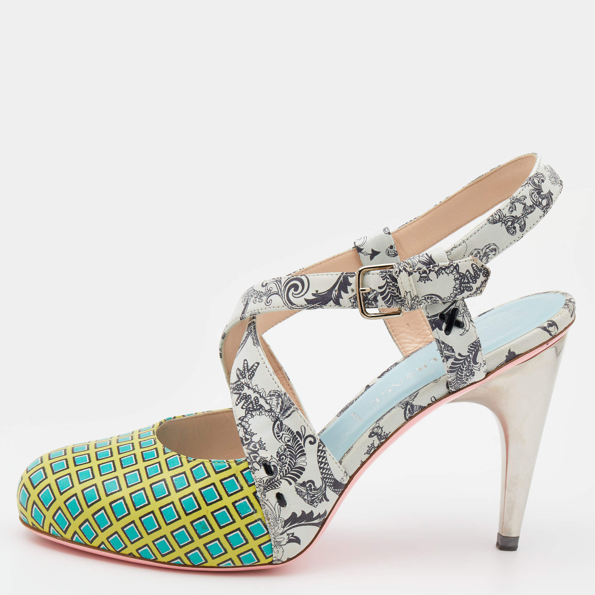 Pre Owned Versace Multicolor Printed Leather Criss Cross Slingback Sandals Size 37