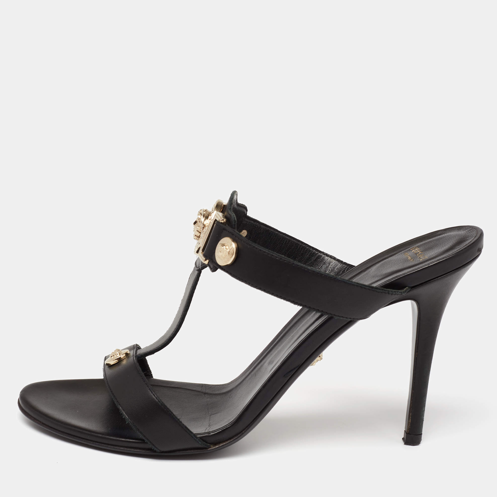 Pre Owned Versace Black Leather Medusa Slide Sandals Size 40