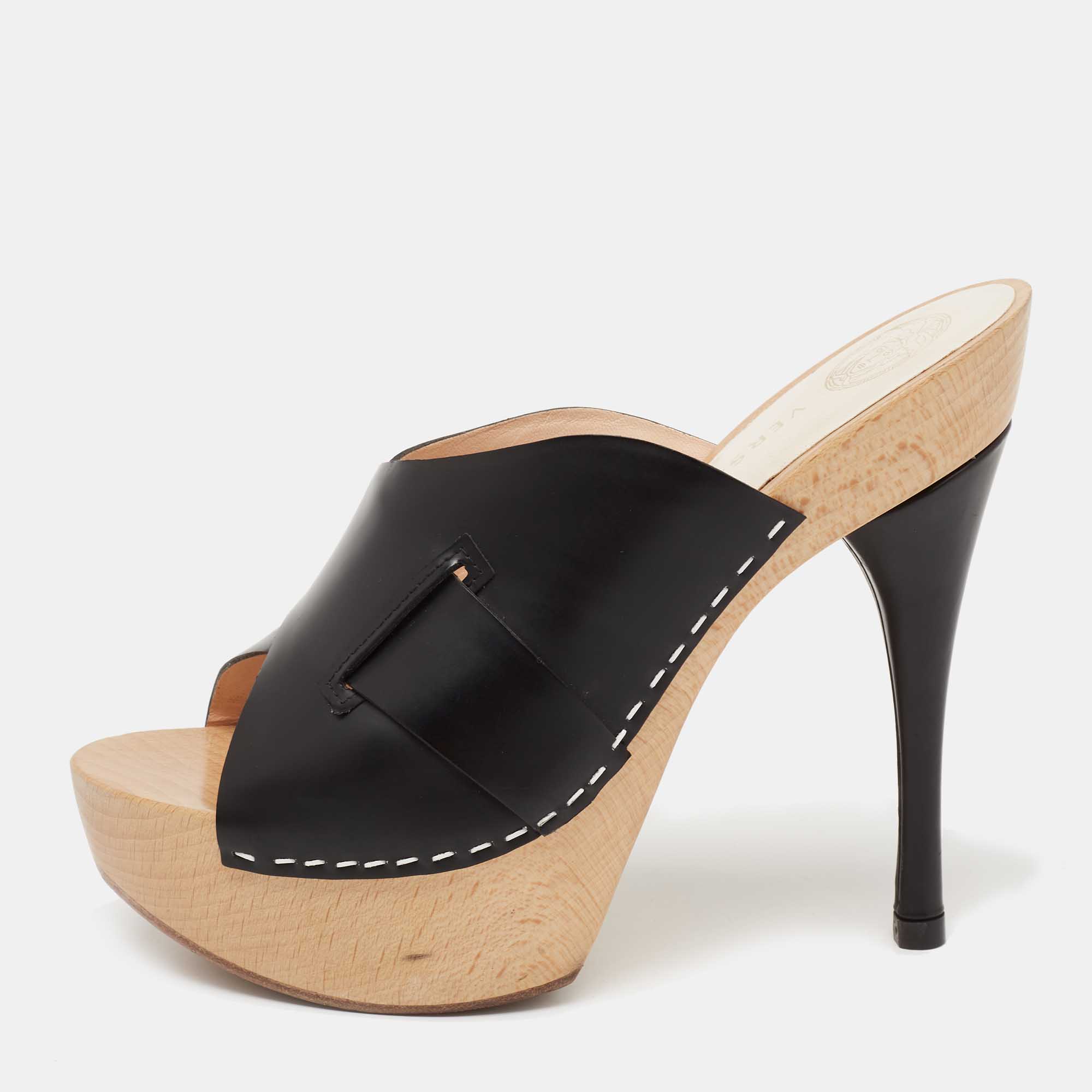 Versace Black Leather and Wooden Platform Slide Sandals Size 38.5 