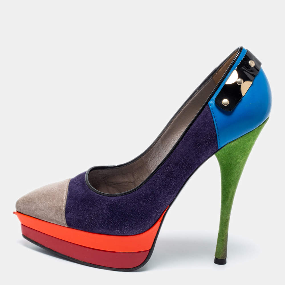 Versace Multicolor Suede And Leather Pointed Toe Platform Pumps Size 36