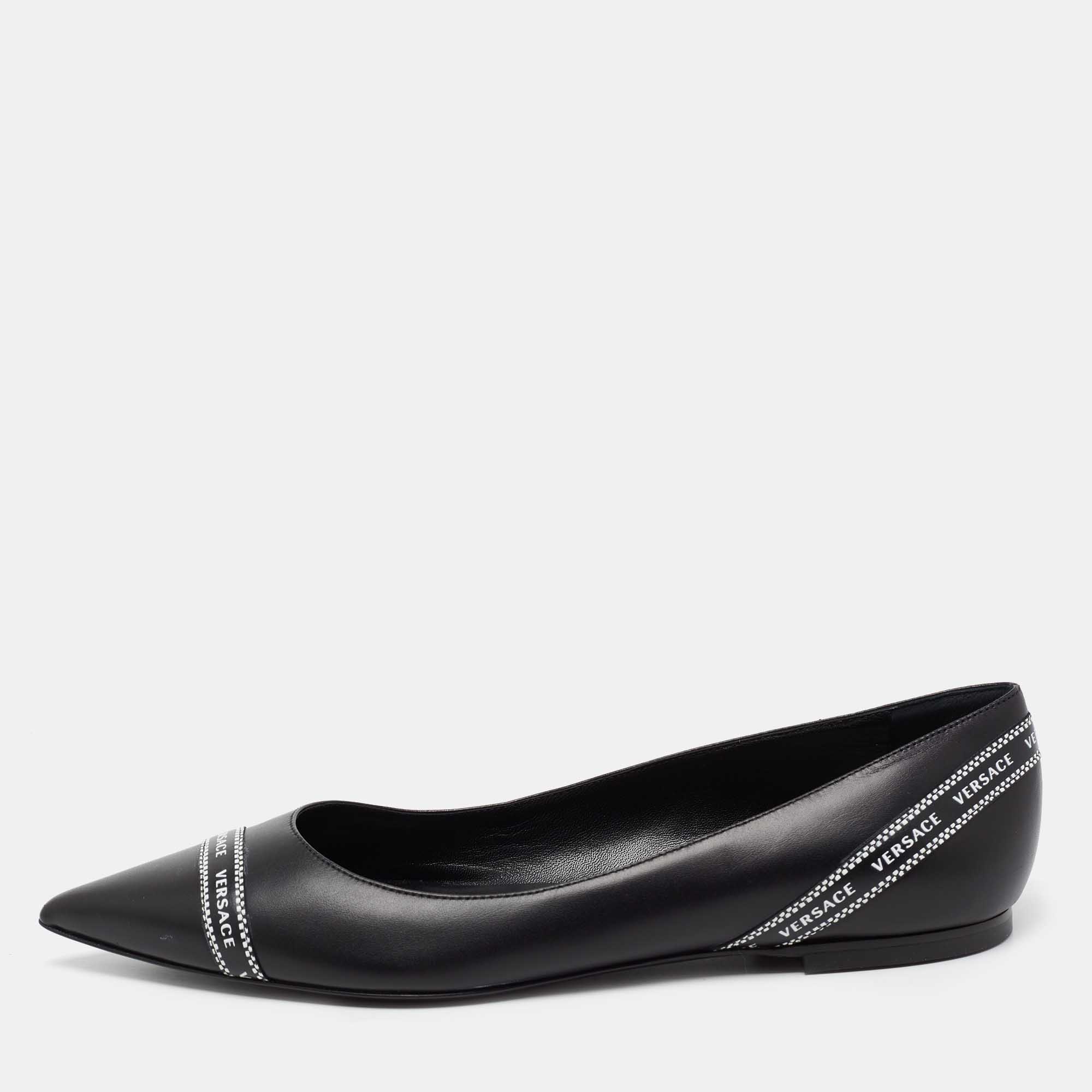 Pre Owned Versace Black Leather Logo Tape Detail Pointed Toe Ballet Flats Size 38.5