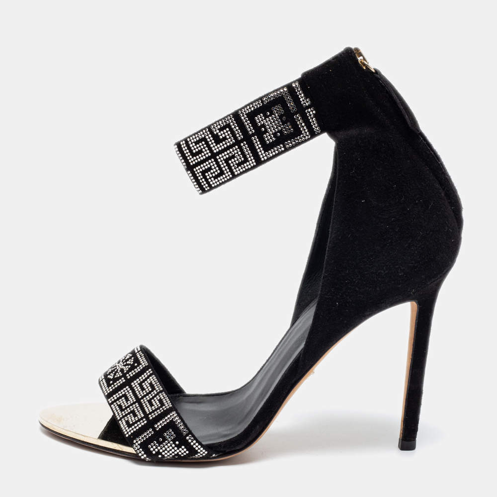 Pre Owned Versace Black Suede Crystal Embellished Ankle Cuff Sandals Size 39