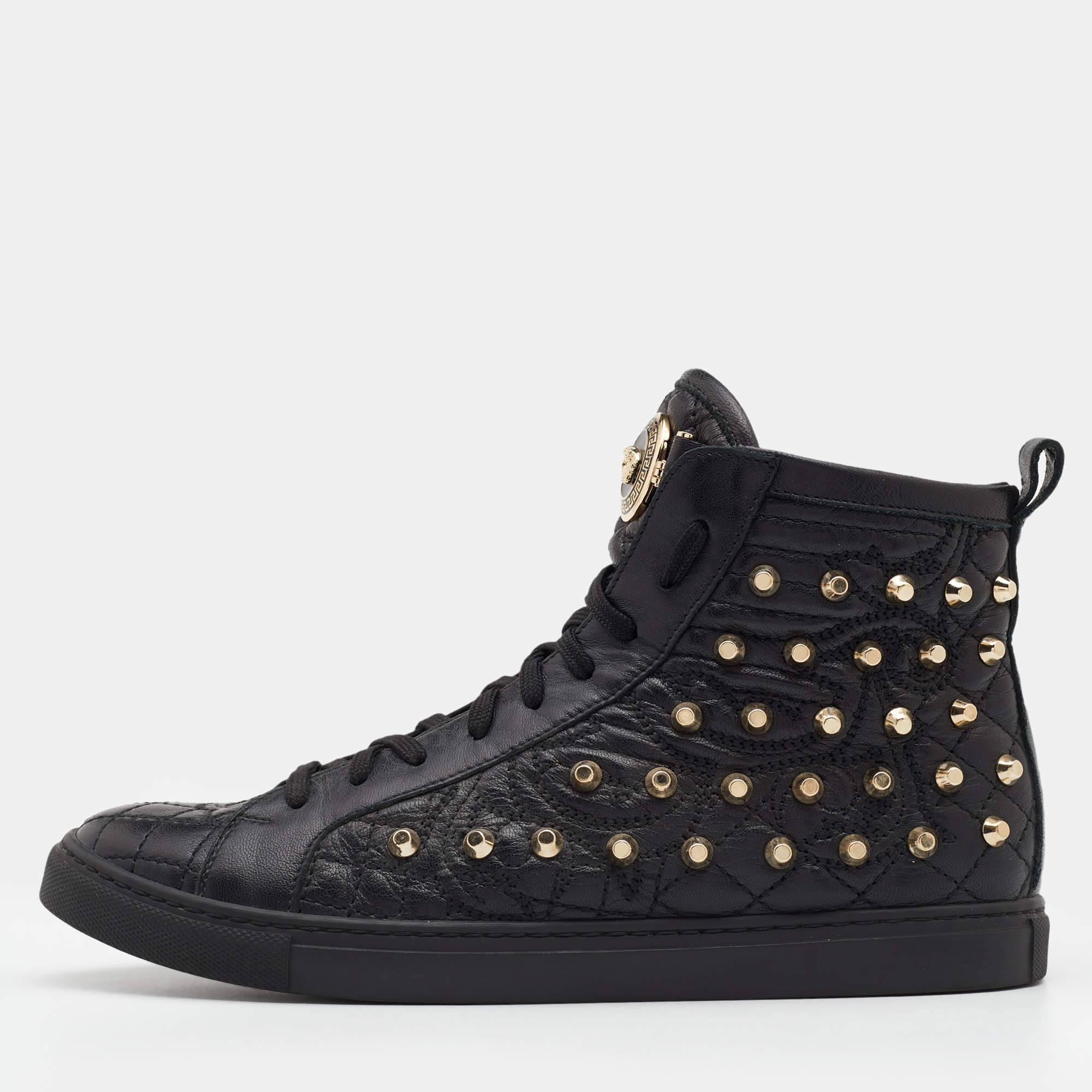 Pre Owned Versace Black Quilted Leather Medusa Studded High Top Sneakers Size 37.5