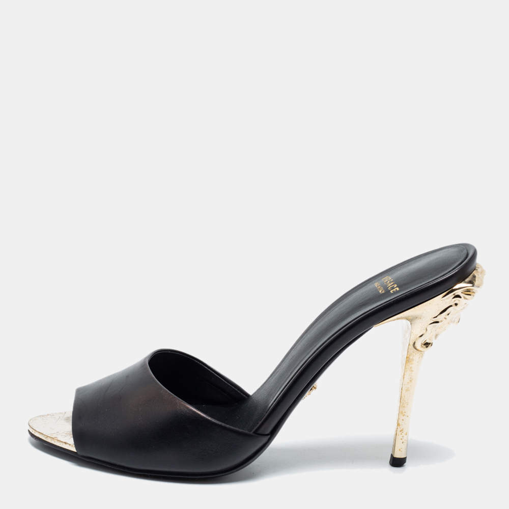 Pre Owned Versace Black Leather Medusa Heel Slide Sandals Size 38