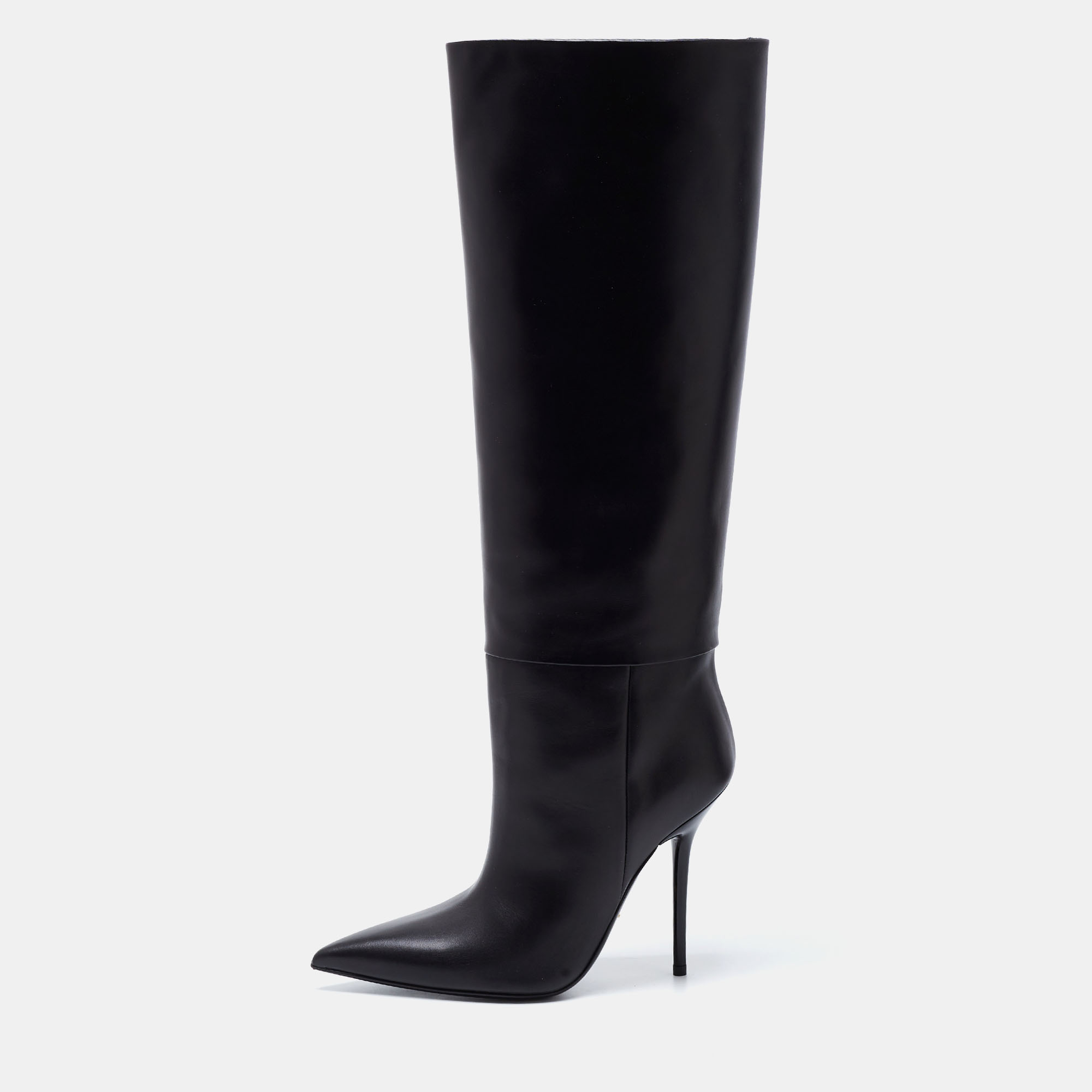 Pre Owned Versace Black Leather Knee Length Boots Size 38