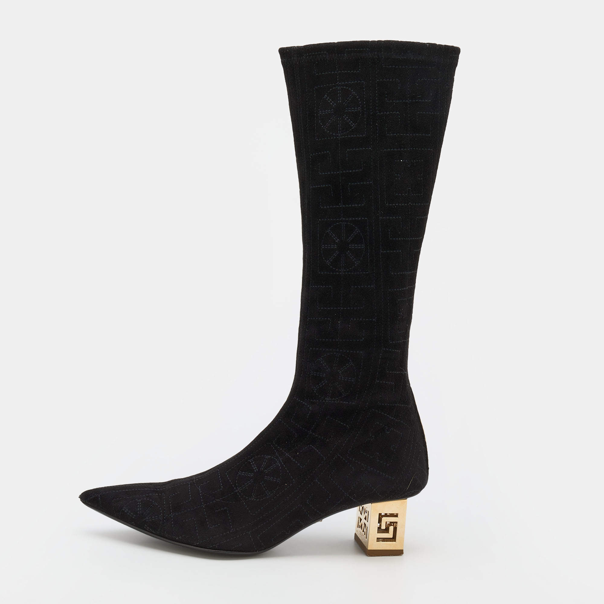 Pre Owned Versace Black Suede Knee Length Boots Size 38