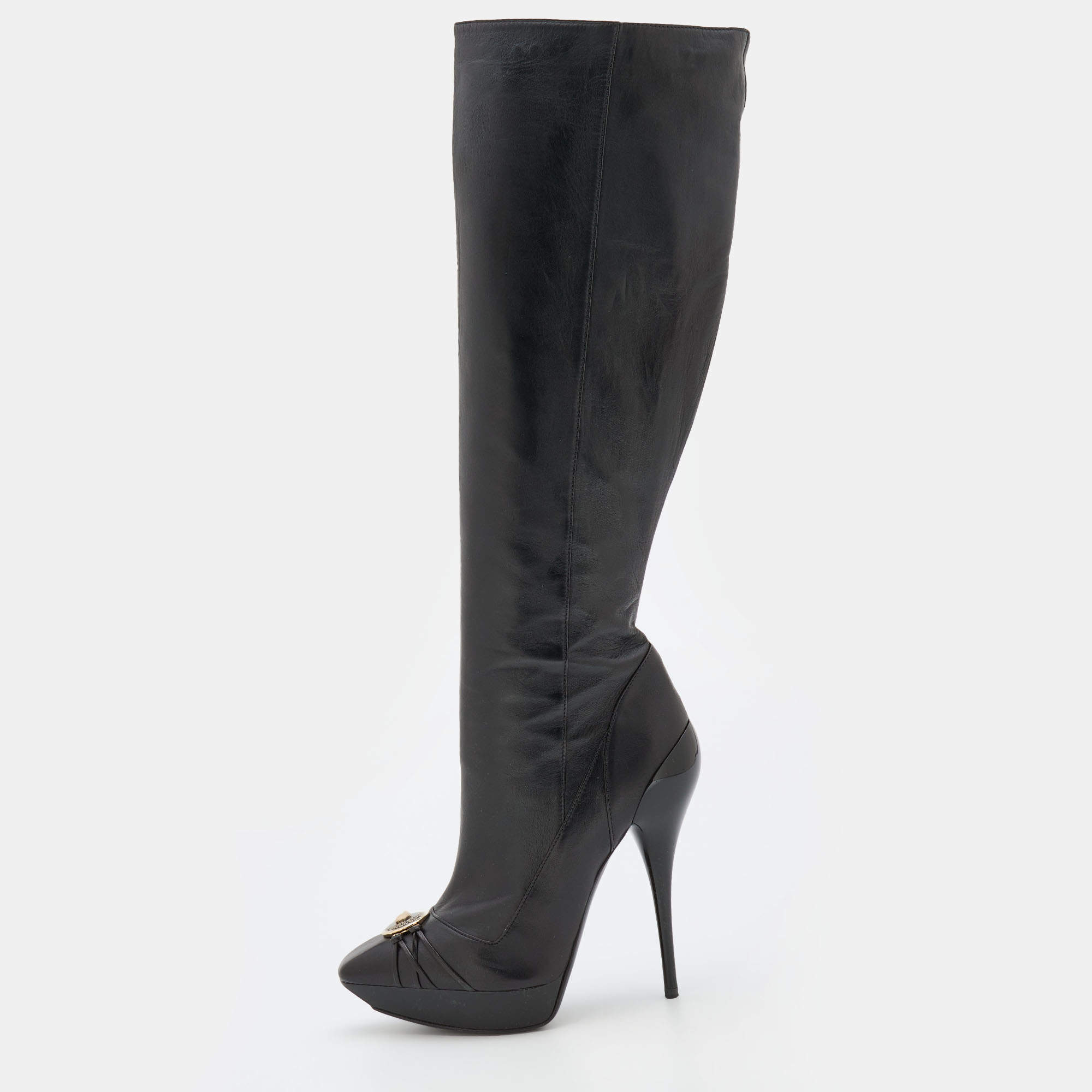 Versace Black Leather Thigh High Platform Boots Size 38.5