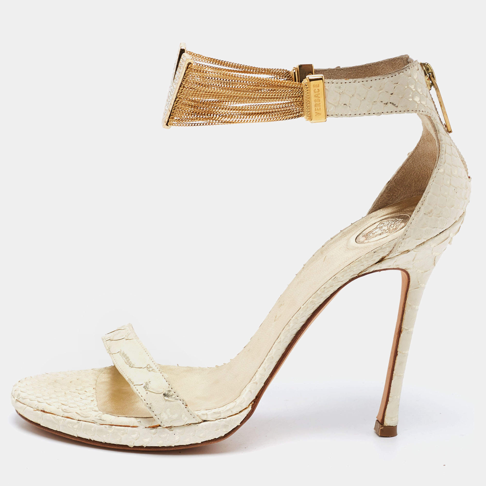 Pre Owned Versace White Python Leather Ankle Strap Sandals Size 39