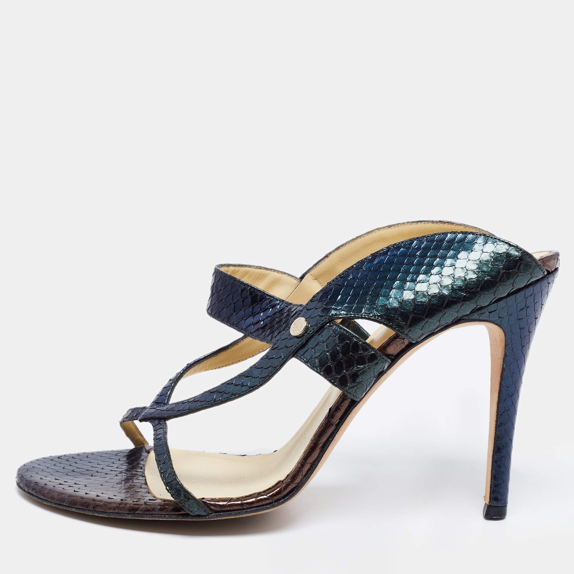 Versace Metallic Tricolor Python Leather Slide Sandals Size 40 
