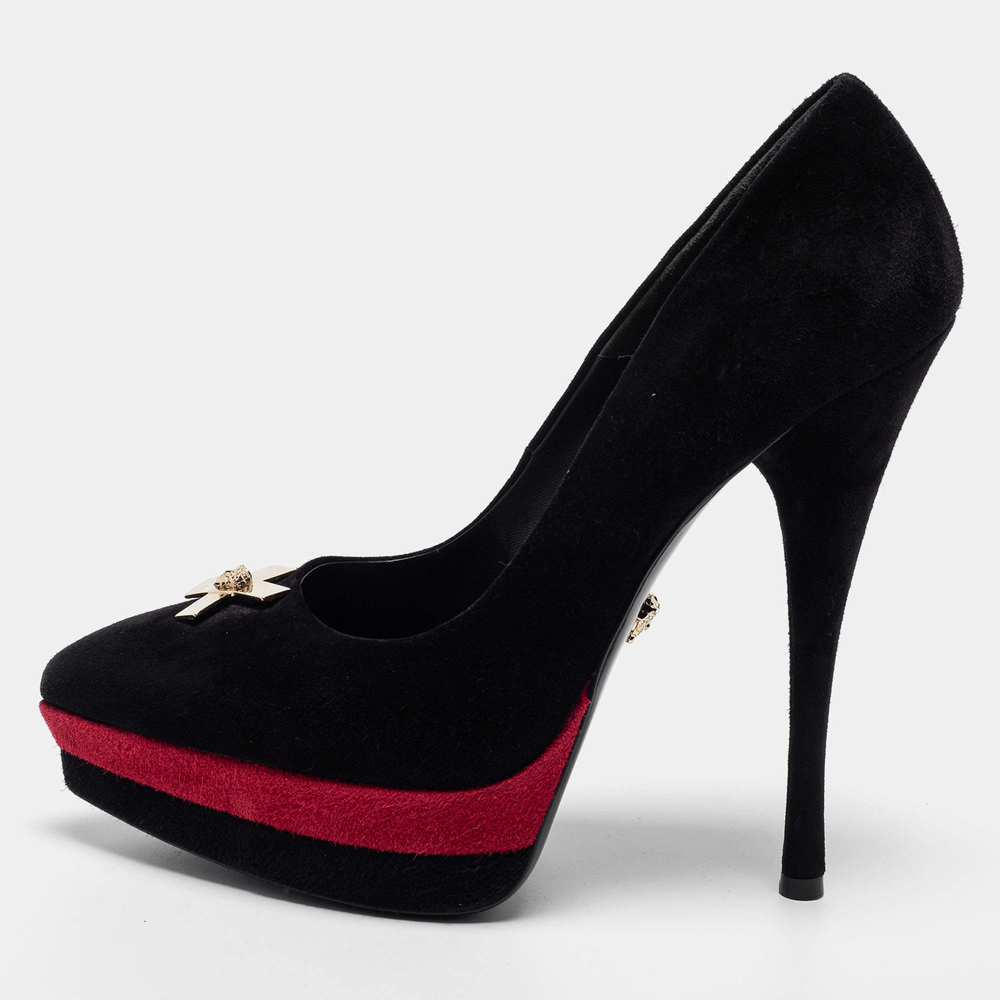 Versace Black Suede Pointed Toe Platform Pumps Size 38