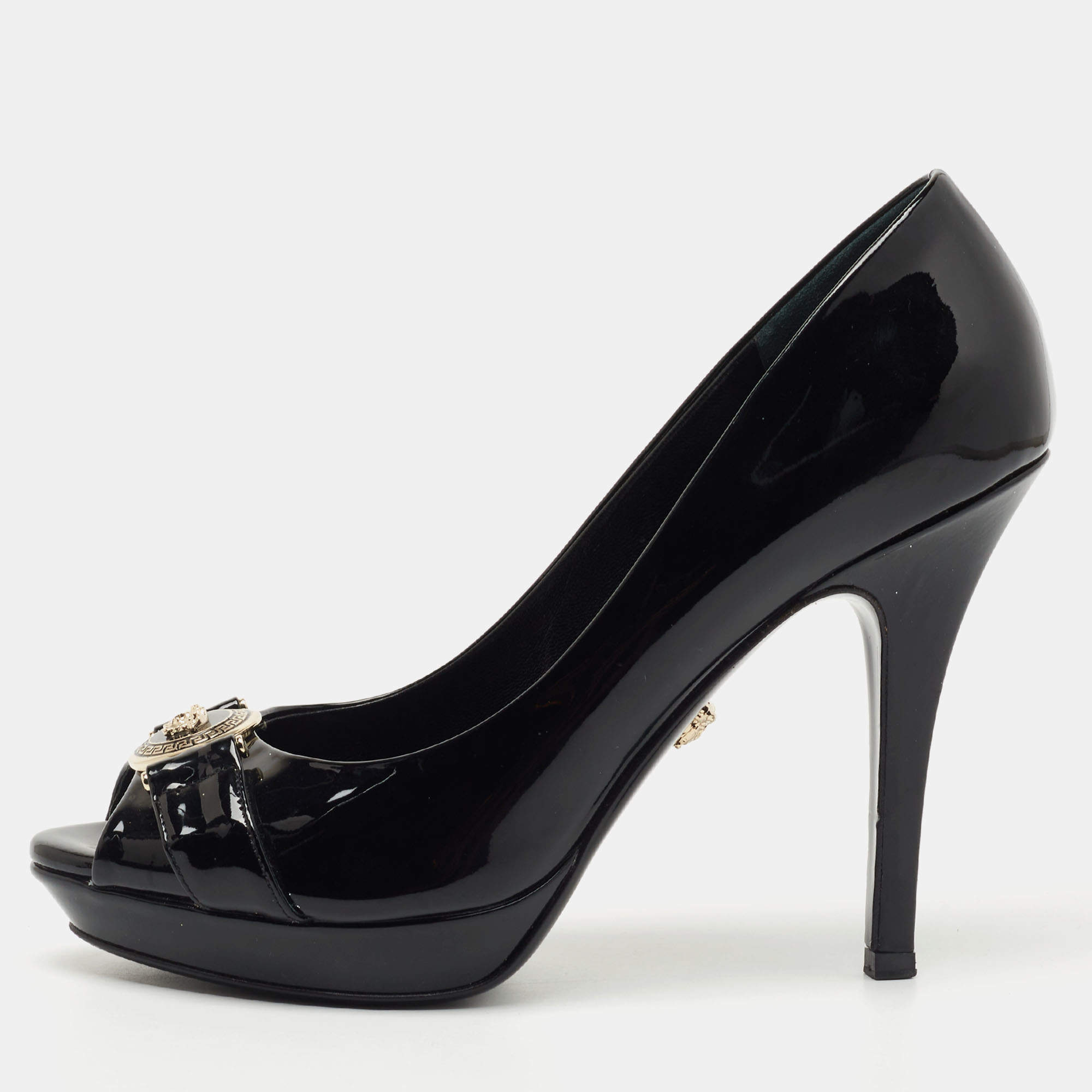 Versace Black Patent Leather Medusa Peep Toe Pumps Size 38