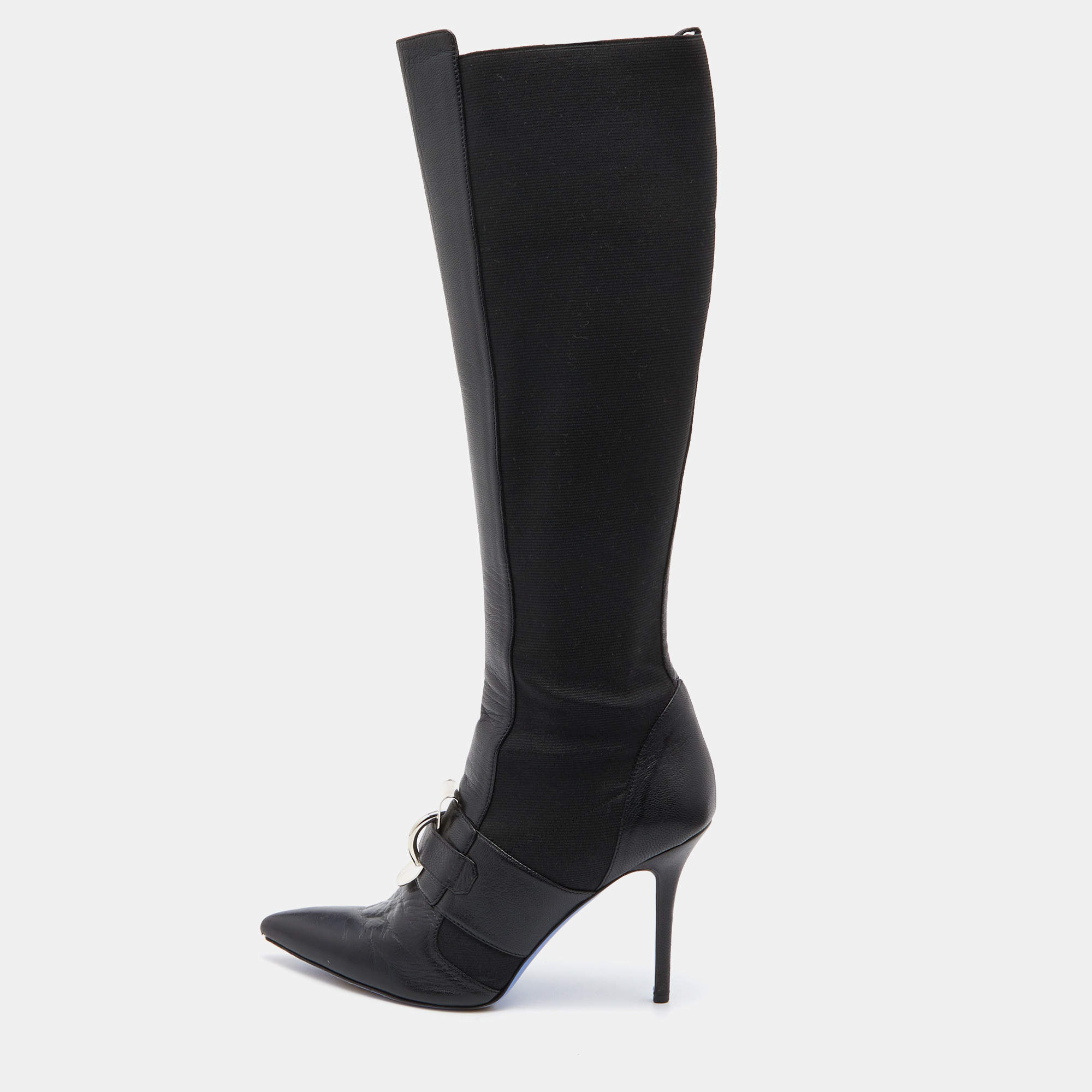 Versace Black Stretch Fabric and Leather Knee Length Boots Size 41