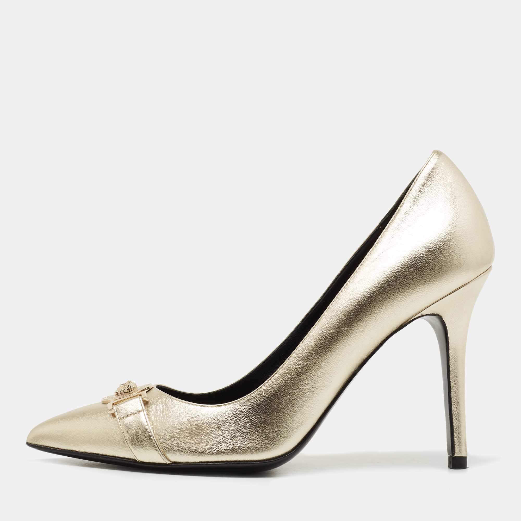Versace Metallic Gold Leather Medusa Detail Pointed Toe Pumps Size 38